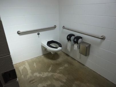 Accessible stall has grab bars and is larger than the ADA Standards require